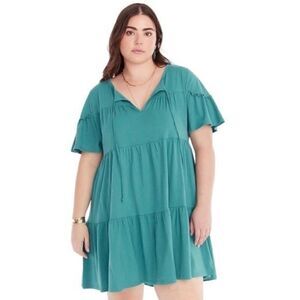 J. Crew Broken In Jersey Tiered Cotton Mini Dress- Short Sleeve Keyhole- Green